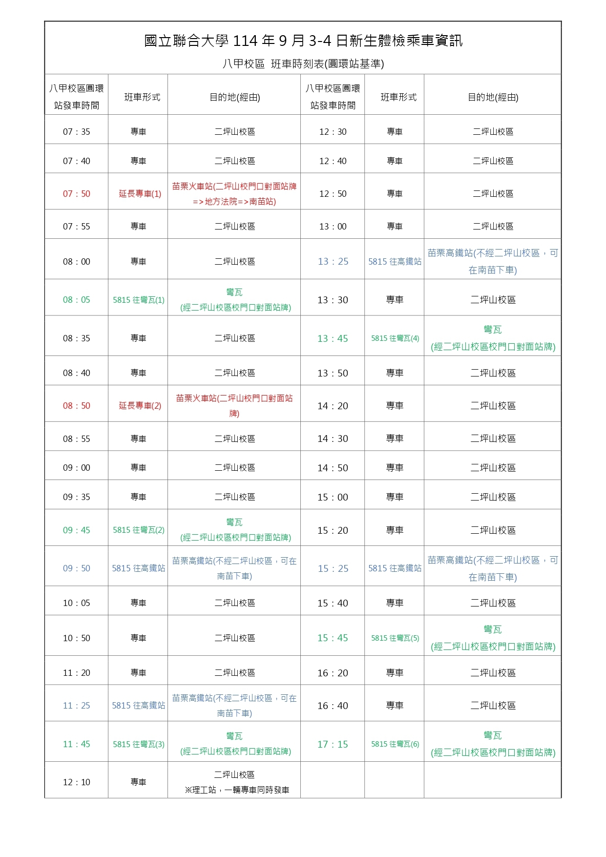 114學年新生體檢專車時刻表+注意事項